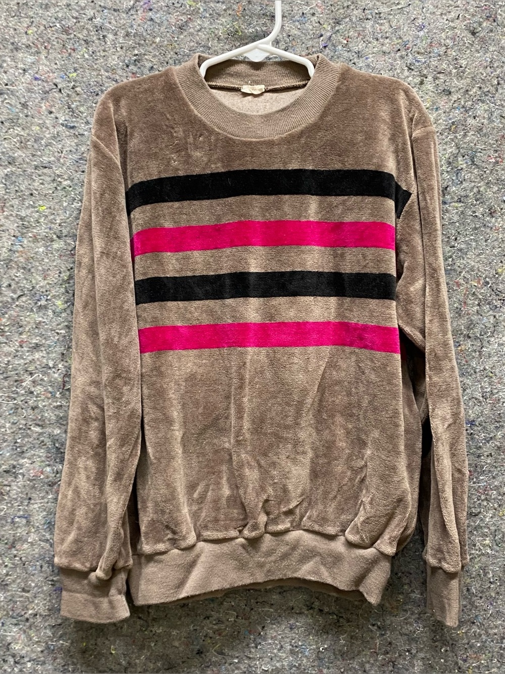 Retro Velour Sweatshirt Brown Kids Youth L-XL 70s/80s Pink/Black Stripes Crew